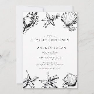 Invitación Ocean Seashell Modern Minimal Black White Wedding 
