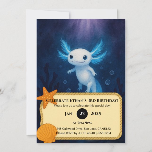 Invitación Ocean Spirit Axolotl Birthday  (Anverso)
