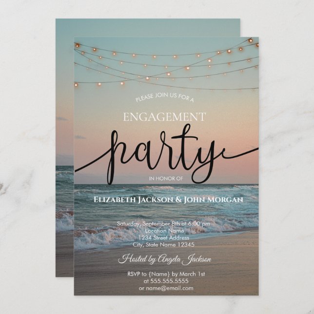 Invitación Ocean Sunset,String Lights Script Engagement (Anverso / Reverso)