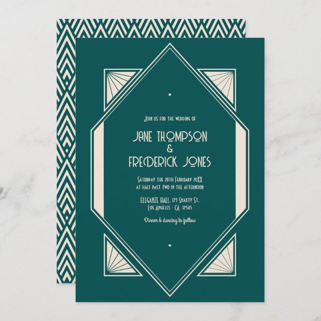 Invitación Ocean Teal & Pale Sand Art Deco Wedding Photo (Anverso / Reverso)