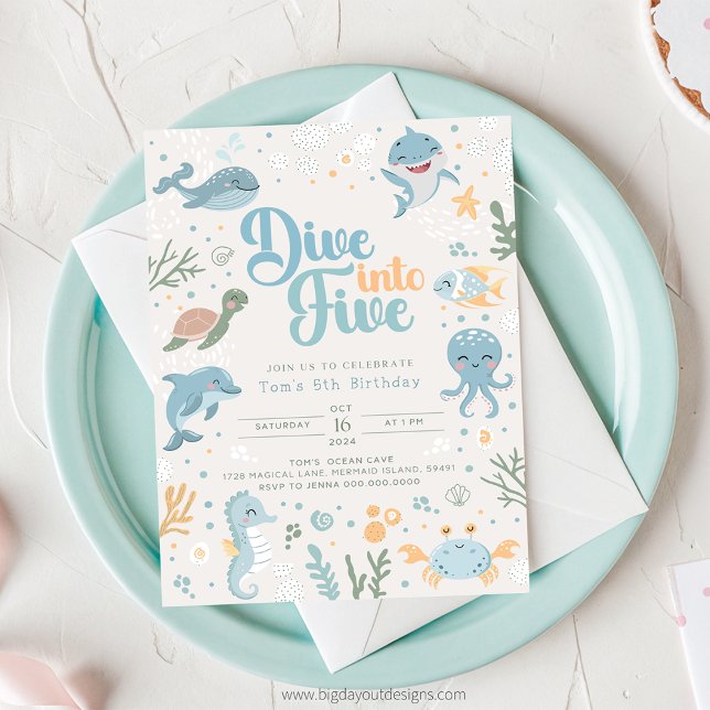 Invitación Ocean Themed 6th Birthday Invitation. Kids Ocean (Under the Sea - Boy 5th Birthday Invitation)