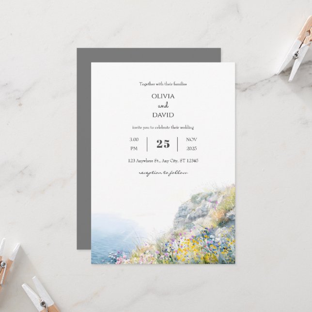 Invitación Ocean View Wildflowers Clifftop Beach Wedding (Anverso/Reverso In Situ)