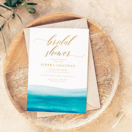 Invitación Ocean Watercolor Gold Script Beach Shower