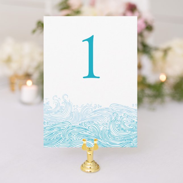 Invitación Ocean Waves Beach Wedding Aqua Blue Table Number (Beach Wedding Table Number with Aqua Blue Waves from Nautical Stationery designer Concertina Press)