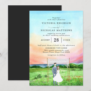 Invitación Océano atardecer Boda de acuarela elegante
