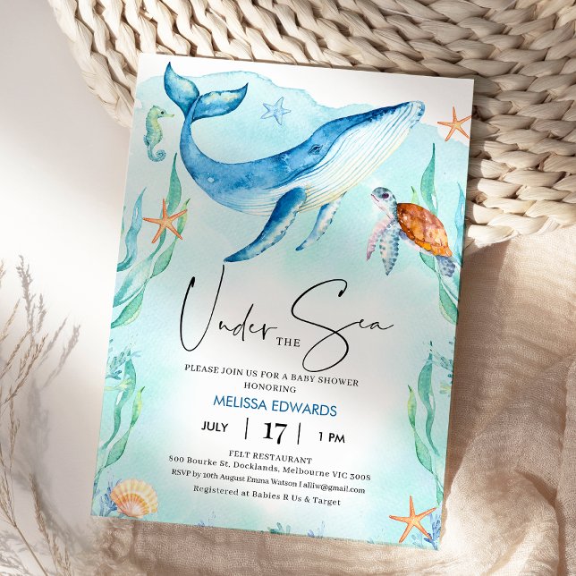 Invitación Océano azul acuático bajo el mar Baby Shower (Under the Sea Baby Shower Invitation Template Boy, Editable Ocean Themed Baby Shower Invite Whale)