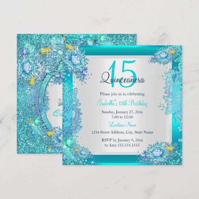 Invitación Océano azul verde azulado Quinceanera 15º cumpleañ (Anverso / Reverso)