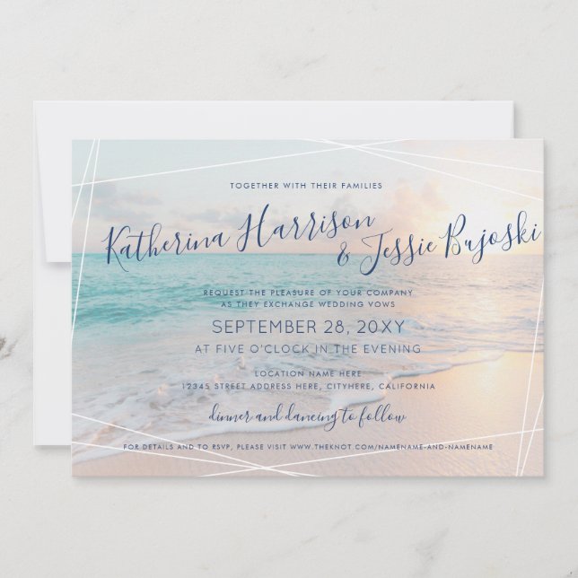 Invitación Océano de bodas de playa Sunset rosa y turquesa (Anverso)