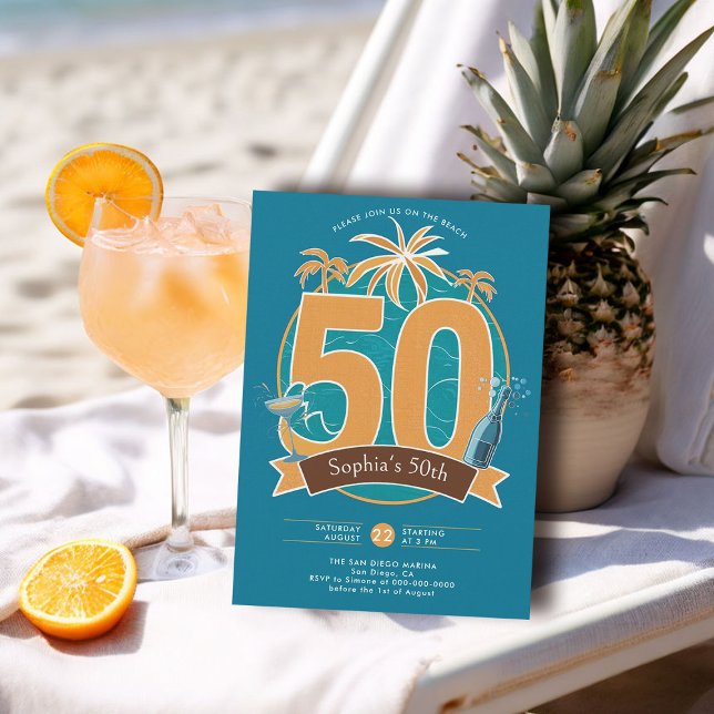 Invitación Océano de playa náutica Azul tropical 50 cumpleaño (nautical birthday invitation 50th for her women tropical modern sleek elegant classy blue orange)