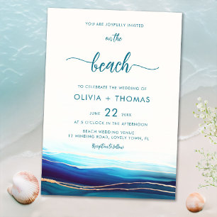 Invitación Océano dorado de la marina azul moderna en la boda