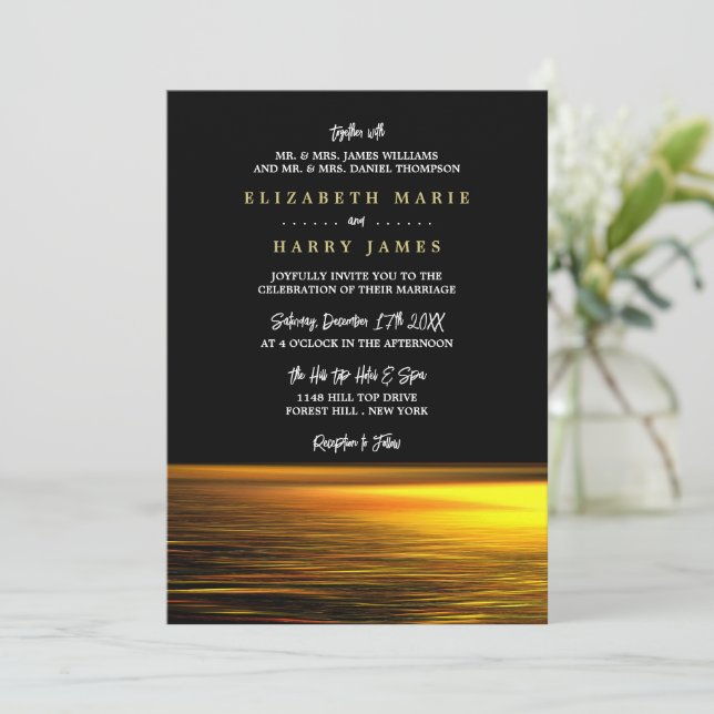 Invitación Océano dorado, elegante boda playera (Anverso de pie)