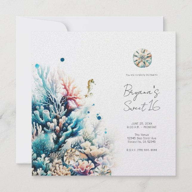 Invitación Oceano Salpicadura Coral de Mar Acuarela Dulce 16 (Anverso)