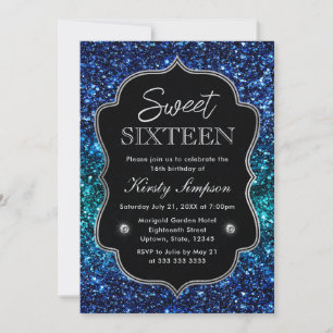 Invitación Océano Teal y Azul Glamour Brillo Dulces 16
