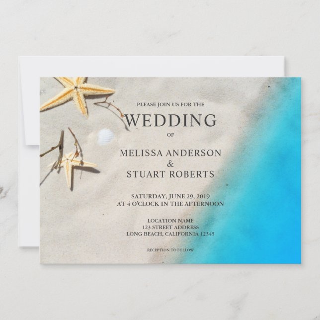 Invitación Océano tropical arena dorada boda de playa de vera (Anverso)