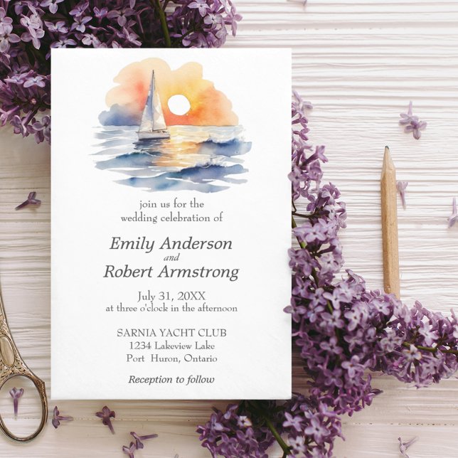 Invitación Océano veraniego Náutico de Sunset (Watercolor Sailboat Sunset Seascape Wedding Suite Perfect for destination weddings, seaside weddings)