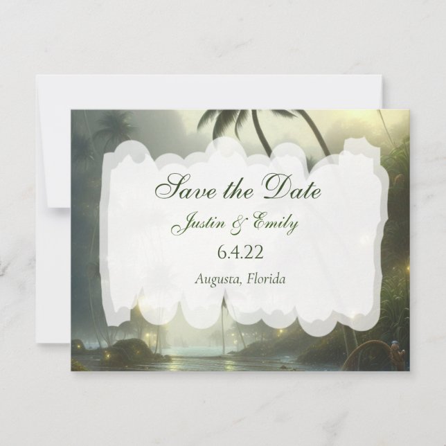 Invitación Océano y palmeras Serene Wedding Save the Dates (Anverso)