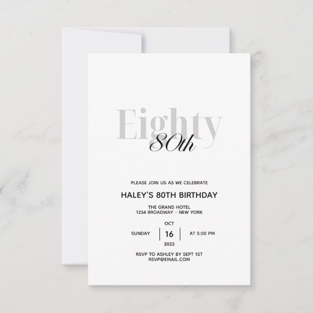 Invitación Ochenta - 80 cumpleaños Moda elegante negro y blan (Anverso)