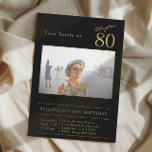 Invitación Ochenta Black Gold 80th Birthday Party Photo<br><div class="desc">¡Haz especial tu cumpleaños número 80 con esta magnífica invitación en negro y oro de Zazzle! Nuestro fiesta personalizado negro invita a presentar una hermosa letra de guión con acentos dorados audaces para un toque de lujo. Personalizar fácilmente los detalles de tu evento en la tarjeta y agrega tu foto...</div>