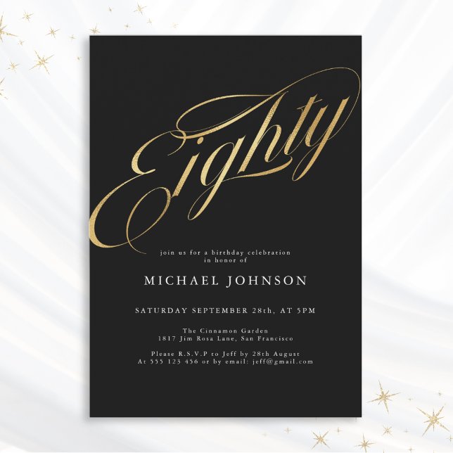 Invitación Ochenta Black Gold Modern 80 cumpleaños (Mockup View)