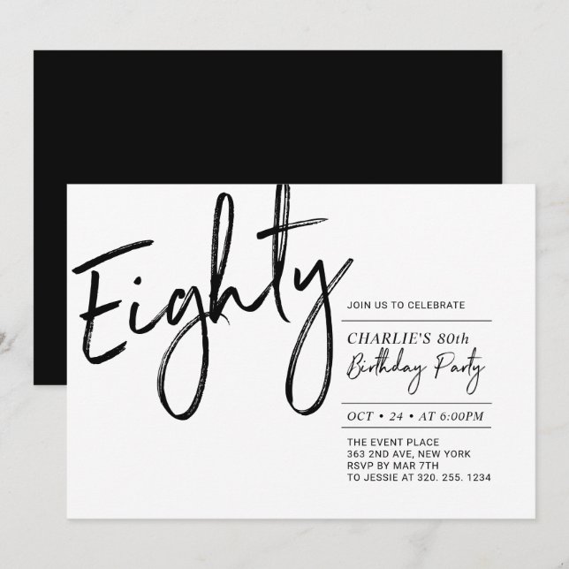 Invitación Ochenta | Black & White Modern 80th Birthday Party (Anverso / Reverso)