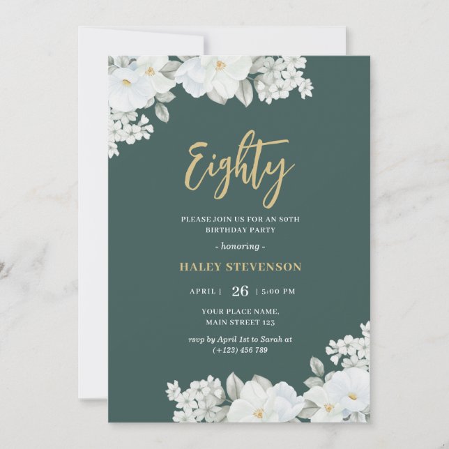 Invitación Ochenta Emeralda Verde y Oro Cumpleaños Floral Bla (Anverso)