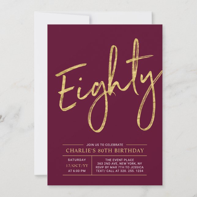 Invitación Ochenta | Fiesta de cumpleaños 80 de Gold Burgundy (Anverso)