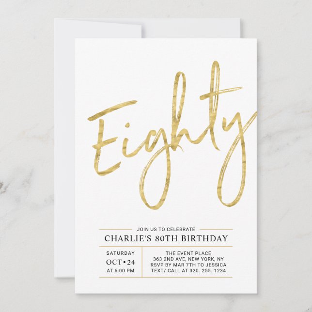 Invitación Ochenta | Modern Gold Brush 80th Birthday Party (Anverso)