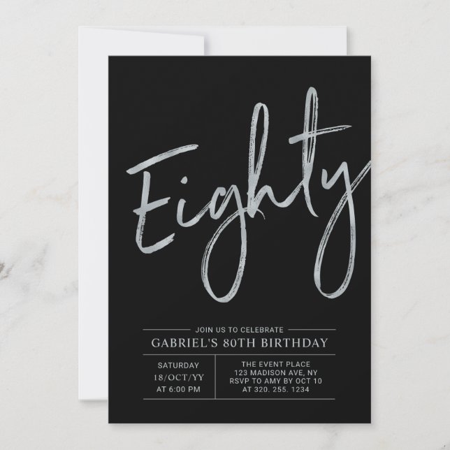 Invitación Ochenta | Modern Silver y Black 80th Birthday Part (Anverso)