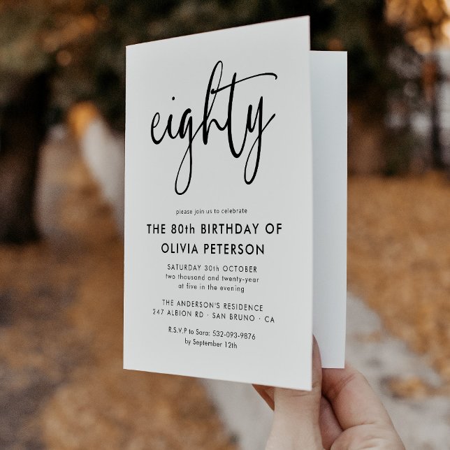 Invitación Ochenta | Moderno 80 cumpleaños negro y blanco dob (Subido por el creador)