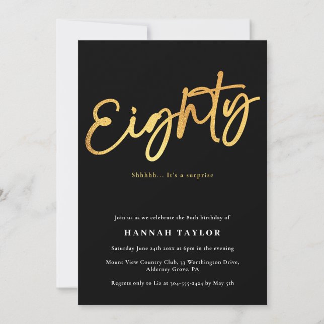Invitación Ochenta Moderno y Elegante Oro Negro 80 cumpleaños (Anverso)