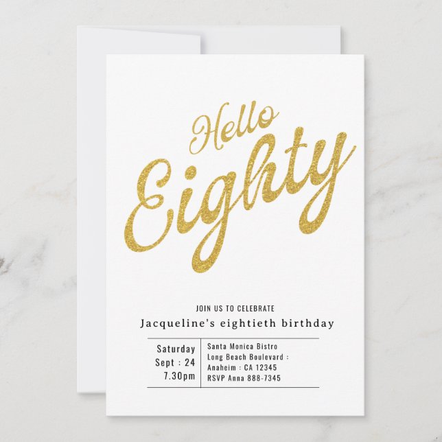 Invitación Ochenta Oro Blanco Moderno 80 cumpleaños (Anverso)