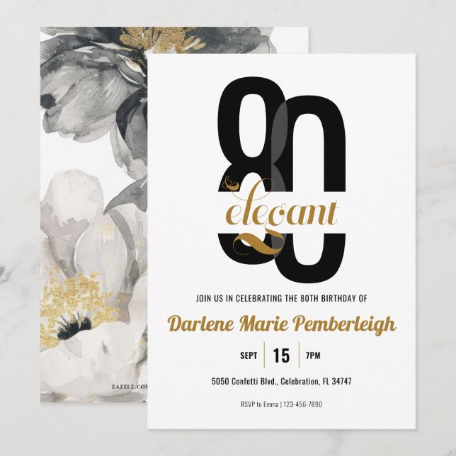 Invitación Ochenta y elegante floral de oro negro 80 cumpleañ (Anverso / Reverso)