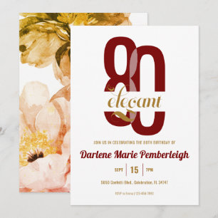 Invitación Ochenta y Elegante Floral de Oro Rojo 80 cumpleaño