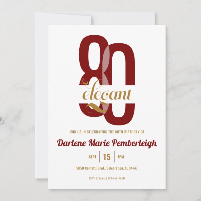 Invitación Ochenta y elegante rubí rojo oro 80 cumpleaños (Anverso)