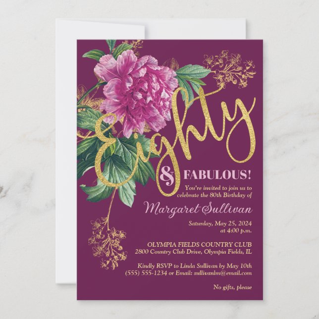 Invitación Ochenta y fabuloso cumpleaños de Peones Rosa (Anverso)