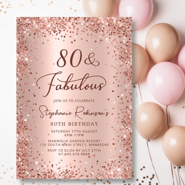 Invitación Ochenta y fabuloso Rosa Purpurina de Oro 80 cumple (Subido por el creador)