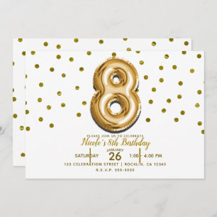 Invitación Ocho Confetti de Globo de Oro 8vo cumpleaños