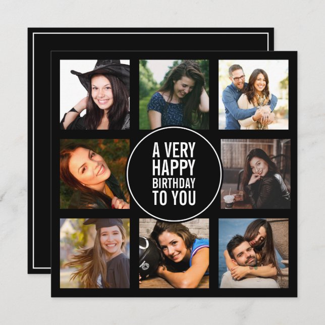 Invitación Ocho cumpleaños Collage de fotos negro y blanco in (Anverso / Reverso)