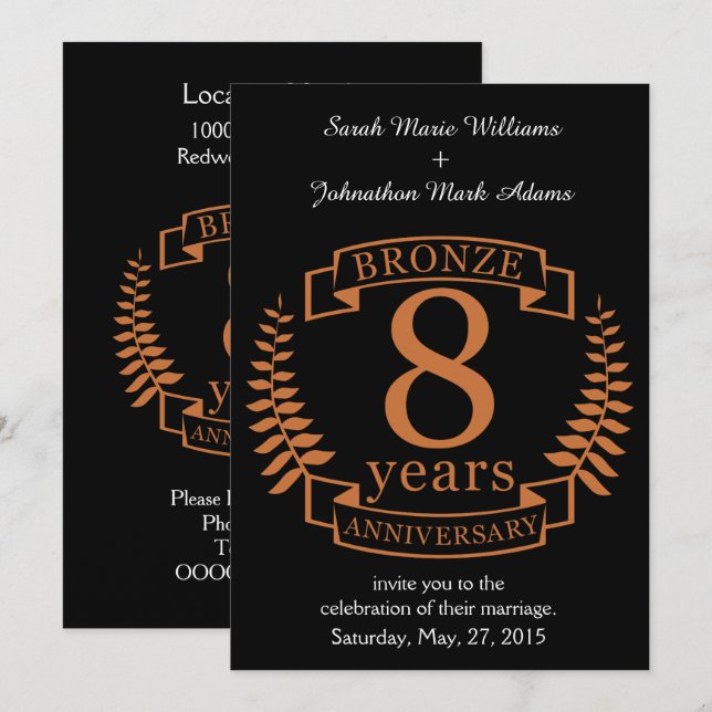 Invitación Octavo aniversario de boda en bronce de ocho años (Anverso / Reverso)