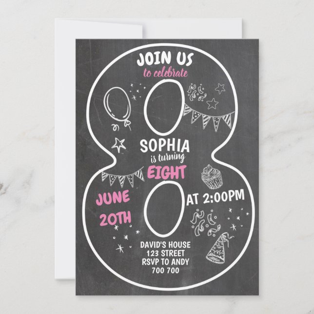 Invitación Octavo cumpleaños Chica Chalkboard número rosa (Anverso)