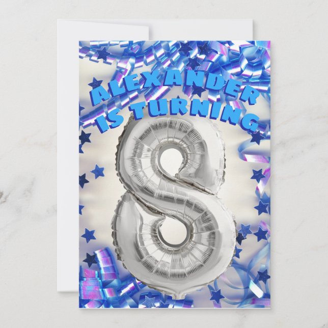 Invitación Octavo cumpleaños Fiesta de plata y azul de 8 niño (Anverso)