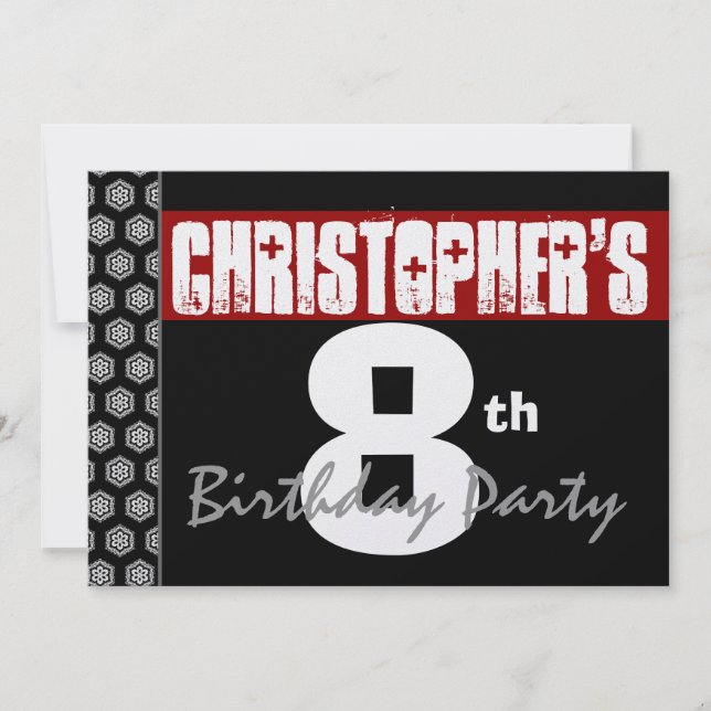Invitación Octavo cumpleaños moderno para él rojo blanco negr (Anverso)