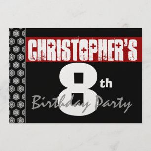Invitación Octavo cumpleaños moderno para él rojo blanco negr