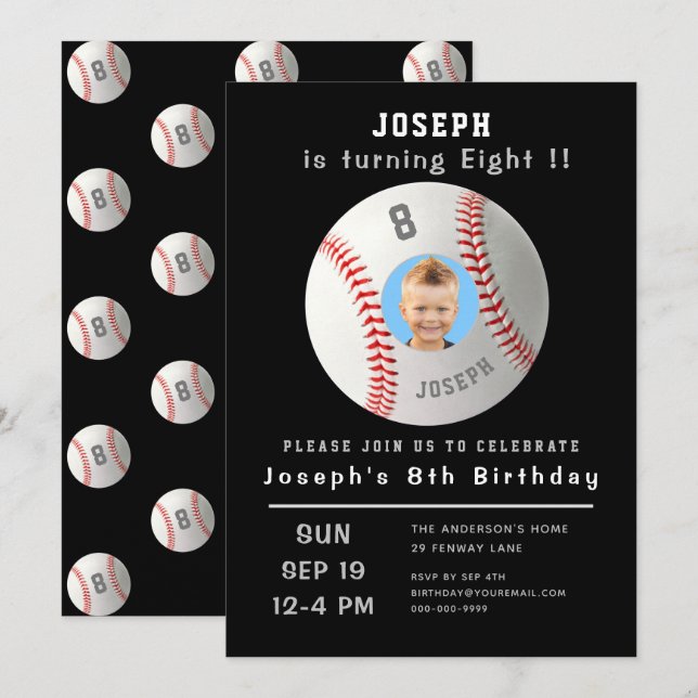 Invitación Octavo cumpleaños Personalizado negro foto béisbol (Anverso / Reverso)
