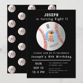 Invitación Octavo cumpleaños Personalizado negro foto béisbol