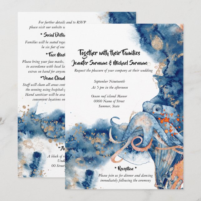 Invitación Octocolor acuarela playa bodas vida costera (Anverso / Reverso)