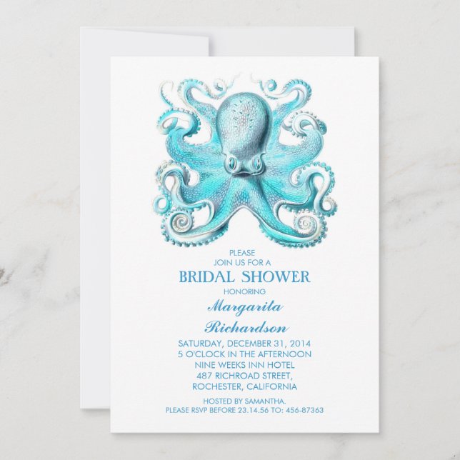 Invitación octopus azul playa náutica ducha de novia (Anverso)