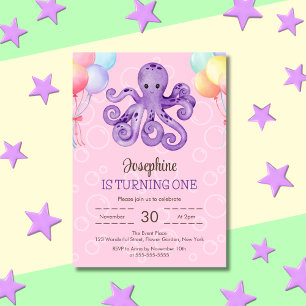 Invitación Octopus Balloon Bubble Pink Kids Cumpleaños