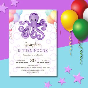 Invitación Octopus Balloon Purple Bubble Kids Cumpleaños