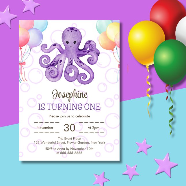 Invitación Octopus Balloon Purple Bubble Kids Cumpleaños (Subido por el creador)